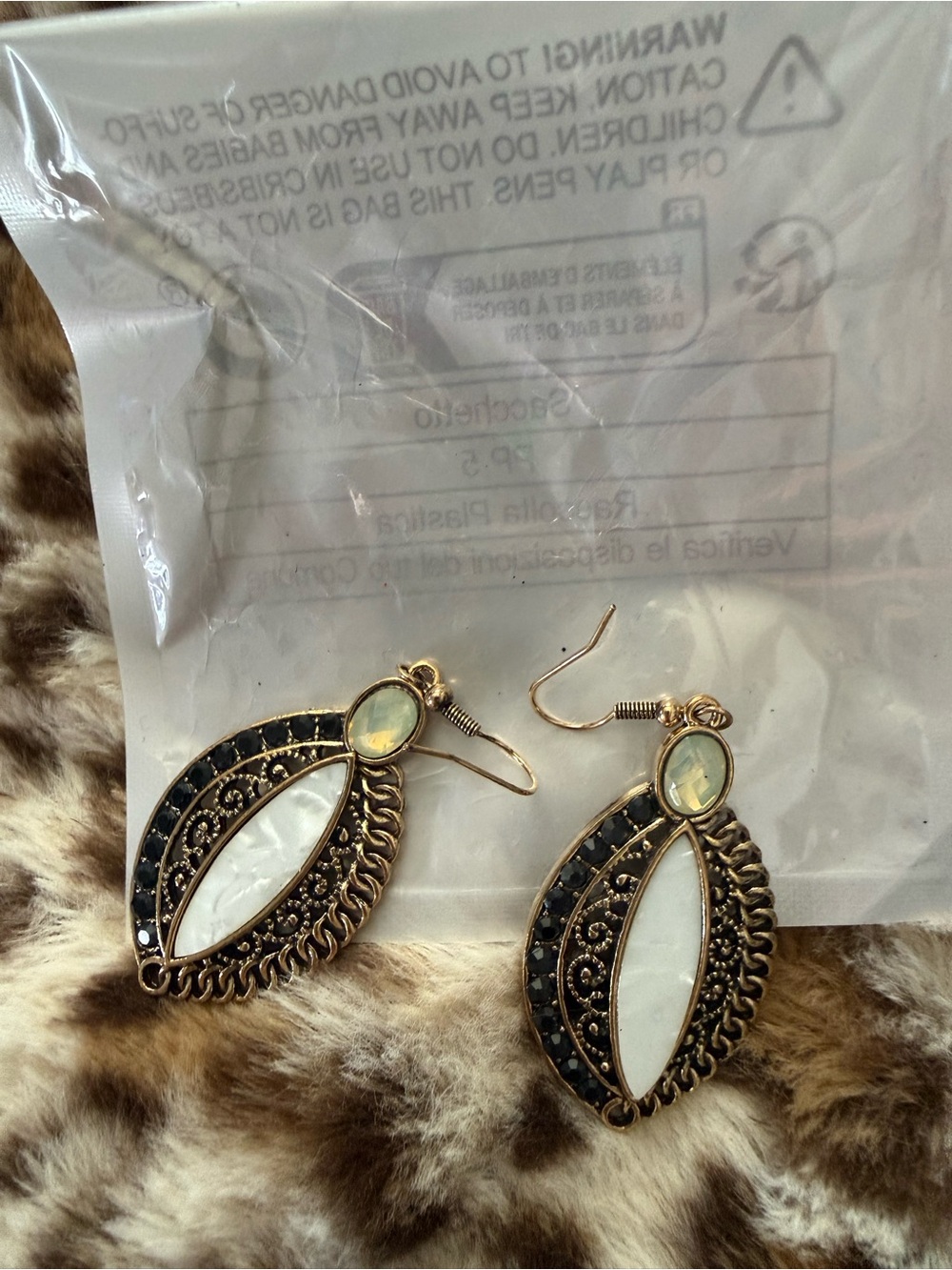 Gold-Tone Black & White Drop Earrings with Opal Accent - Women Jewelry